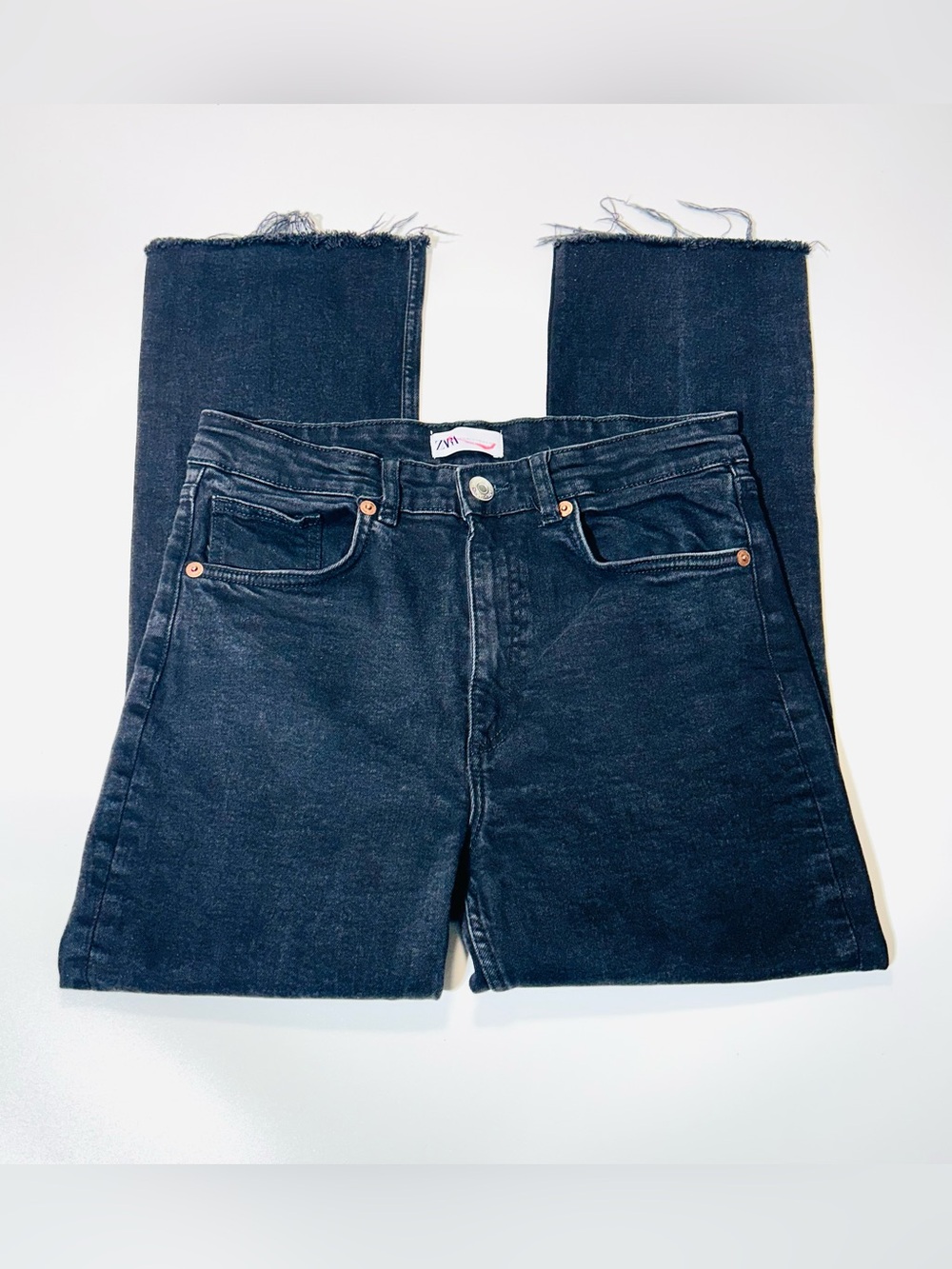 Zara jeans Straight Leg Ankle Crop jeans high rise black stretchy women size 10